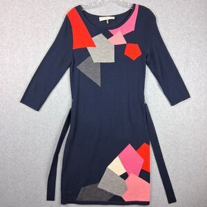 Trina Turk Womens Sweater Dress Small Merino Wool Navy Blue Color Block Office